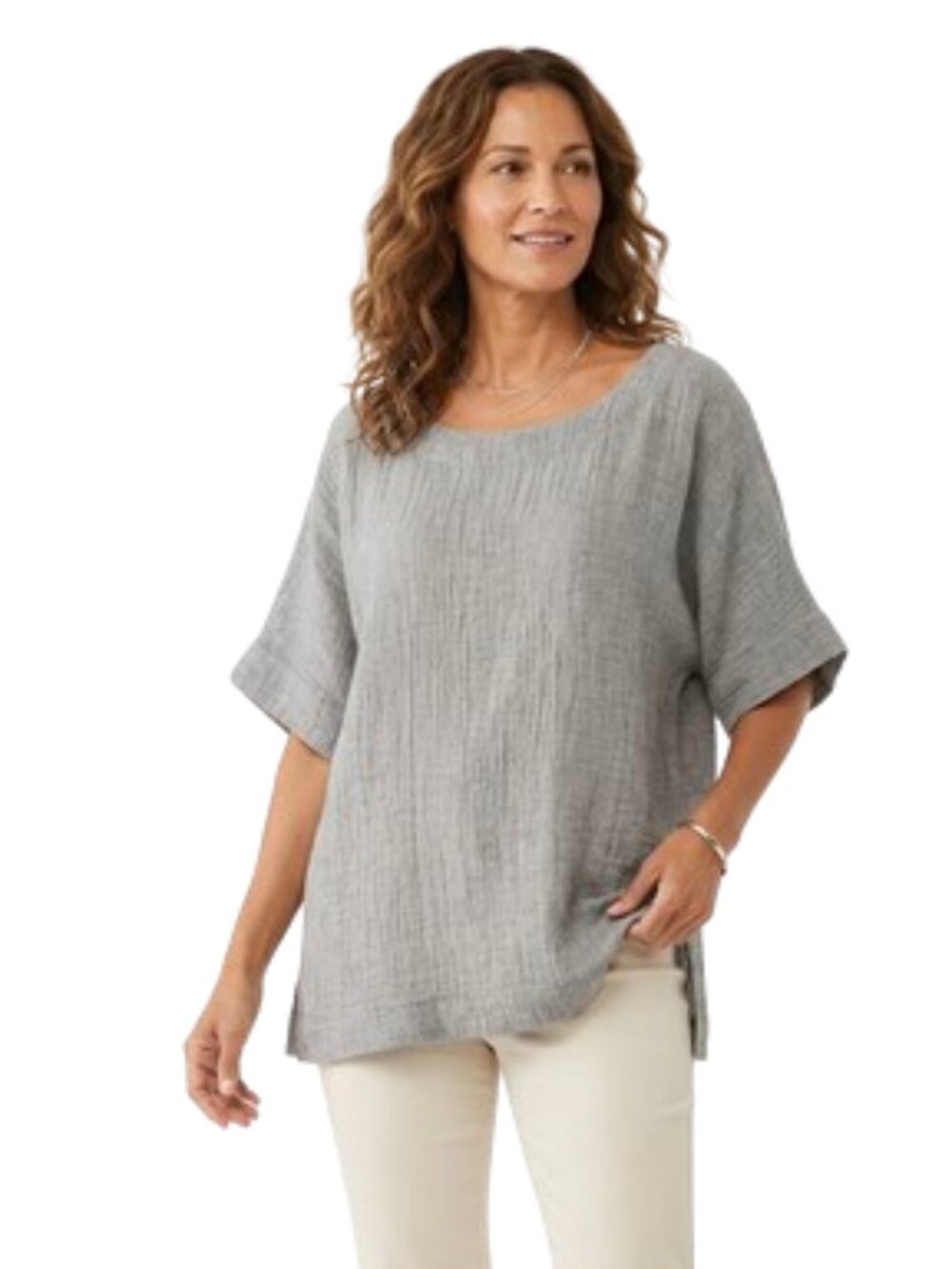 J. Jill Pure Jill NWT Grey Linen Crinkle Scoop Neck Boxy Short Sleeve Top, sz L